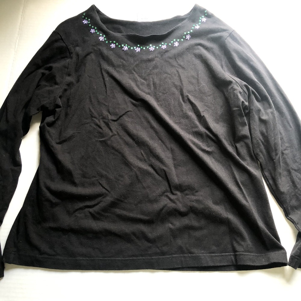 Westbound II Black Long Sleeve Purple Gem Neckline Floral Top 1X A2962